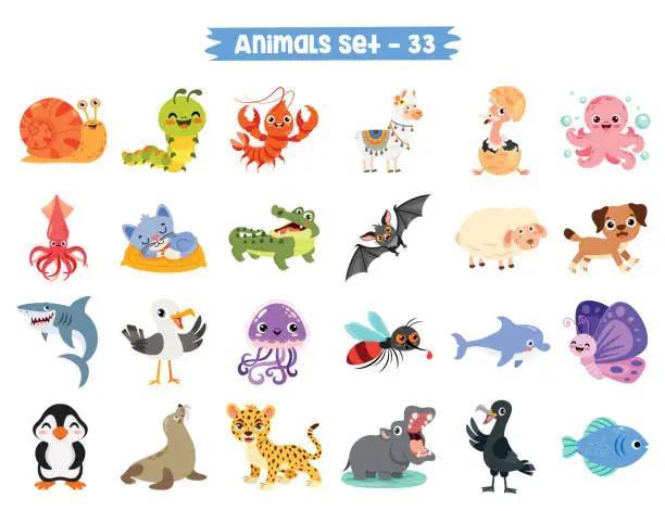 Vector illustration of Set Of Cute Cartoon Animals