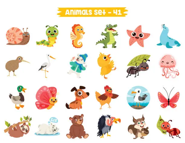 Vector illustration of Set Of Cute Cartoon Animals
