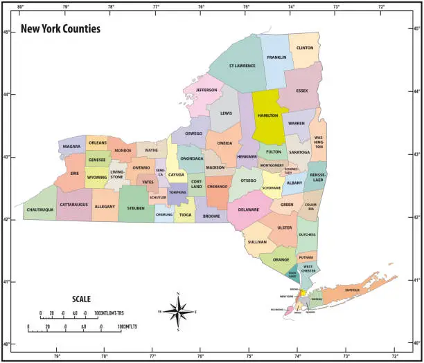 Vector illustration of new york state outline administrative and political vector map in color