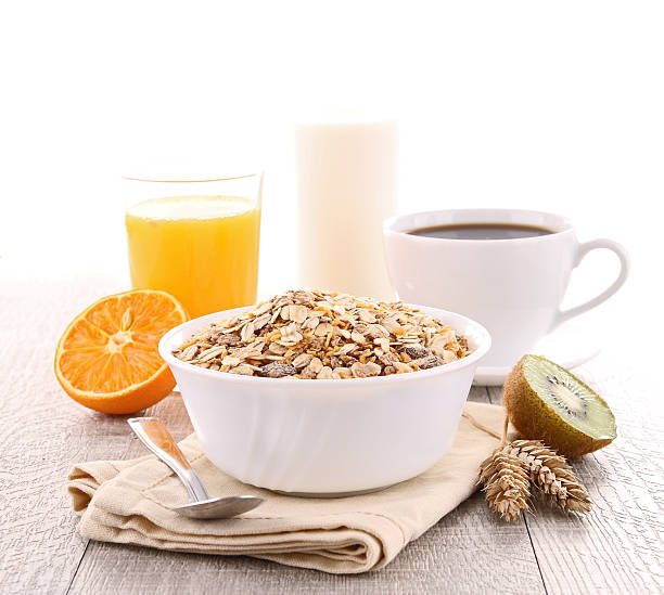 istock Cereal, coffee, milk and orange juice for breakfast 147609740