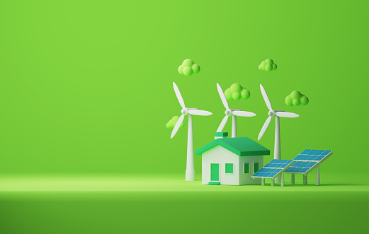 Green renewable energy house with solar panels and wind turbines, clean energy and environmentally sustainable alternative energy with energy storage. 3d render illustration.