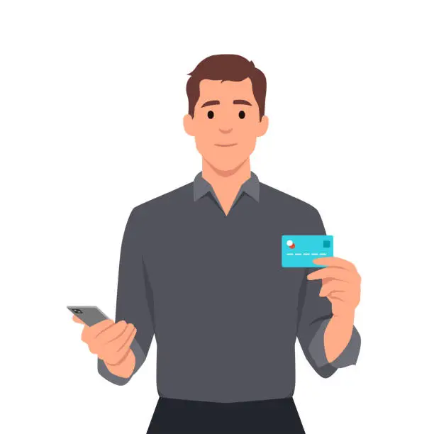 Vector illustration of Smiling man holds smart phone and credit card, he gesture success for win money reward