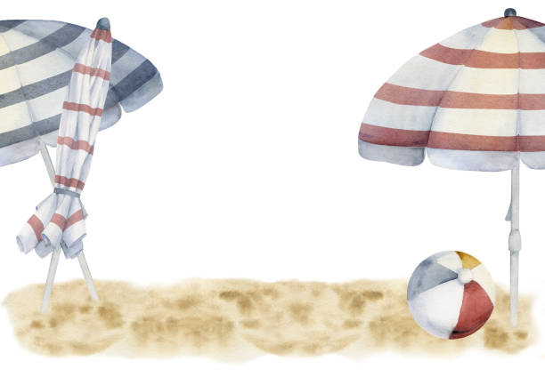 istock Hand drawn watercolor composition. Striped beach accessories, umbrellas and ball on sand. Isolated on white background. Design wall art, wedding, print, fabric, cover, card, tourism, travel booklet. 1476104906