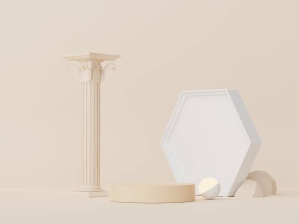 istock 3d render of Abstract minimal  display podium with Greek Ancient baroque pillar background. Pedestal design for mock up and product presentation. Clean pastel color scene. 1476107941
