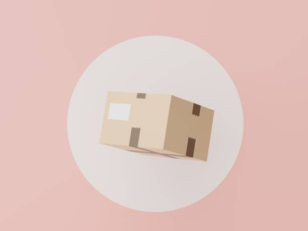 3d render of parcel cardboard on white circle for mock up and creative design. Shopping online concept. Online delivery concept with pastel background. Packaging for express transportation service.