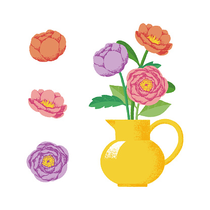 Vector illustration of a vase filled with three blooming flowers.