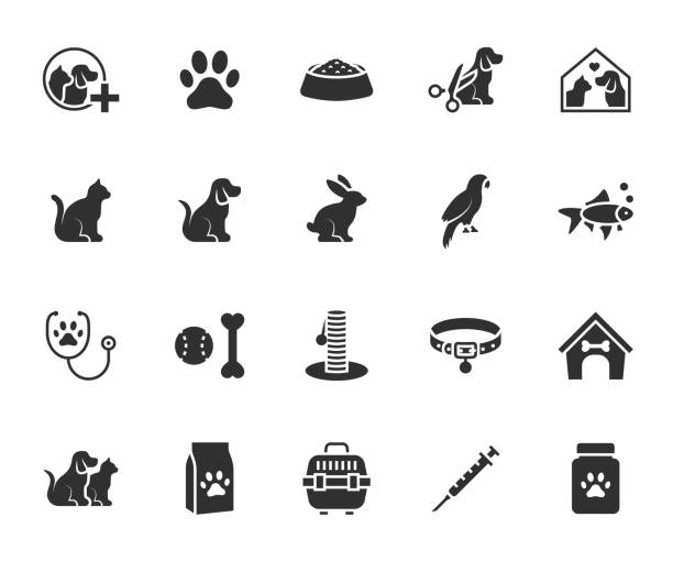 ilustrații de stoc cu set vectorial de pictograme plate pentru animale de companie. conține icoane veterinare, hrană pentru animale de companie, îngrijire, laba, casa de animale de companie, post de zgâriere, guler, purtător de animale de companie și multe altele. pixel p - animal de companie