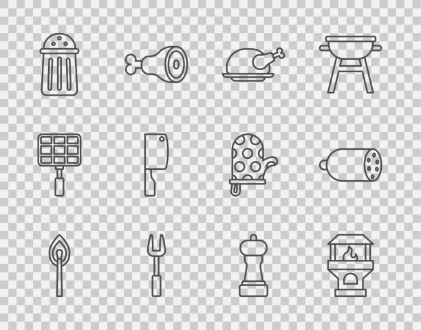 ilustraciones, imágenes clip art, dibujos animados e iconos de stock de set line burning match with fire, brick stove, roasted turkey or chicken, barbecue fork, salt, meat chopper, pepper and salami sausage icon. vector - salt sausage fire flame