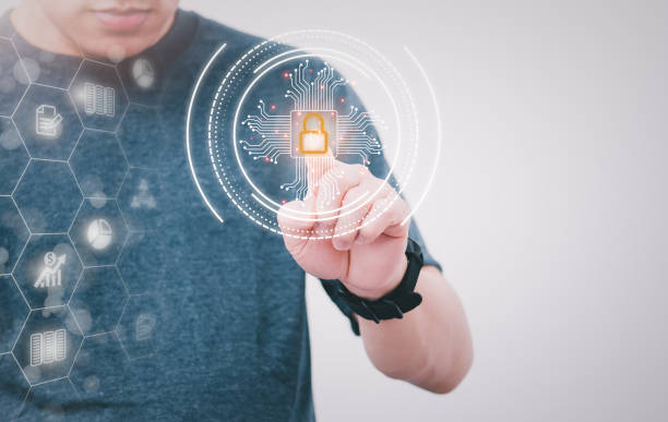 istock The person is touching the virtual screen. To demonstrate security, concept management, digital transformation. Internet of Things, Big Data and Business Processes, Automated Operations, Data Storage 1476112752
