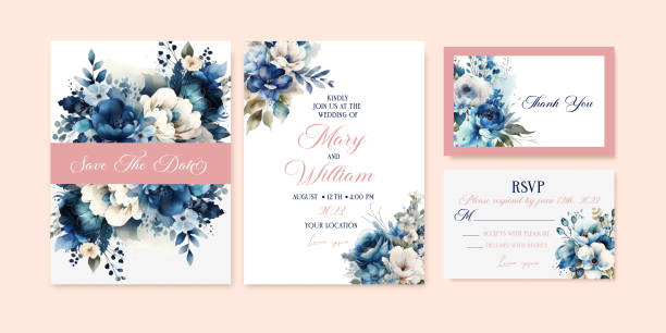 웨딩 수채화 꽃 초대 카드는 파란색 꽃, 장미 및 녹색 잎 반 화환과 프레임으로 날짜 디자인을 저장합니다. 소박한 스타일의 식물 우아한 장식 벡터 템플릿 - wedding invitation rose flower floral pattern stock illustrations