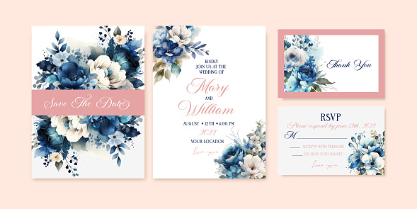 Wedding floral invitation card save the date design with blue flowers, roses and green leaves semi wreath and frame.