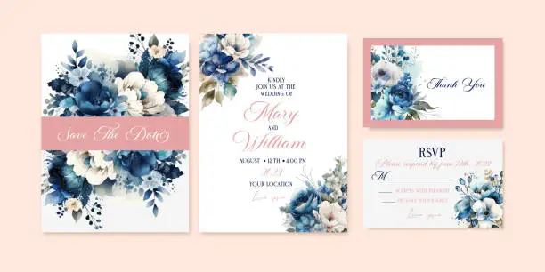 Vector illustration of Wedding watercolor floral invitation card save the date design with blue flowers, roses and green leaves semi wreath and frame. Botanical elegant decorative vector template in Rustic style