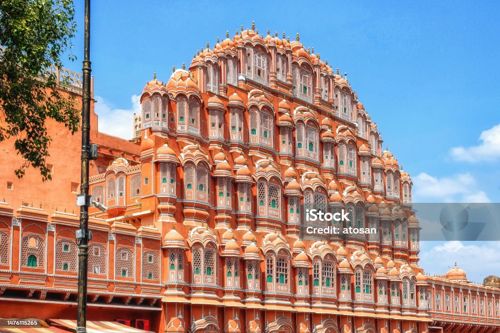 Hawa Mahal (Palace of the Winds) Jaipur, India The Hawa Mahal is a palace in the city of Jaipur, India. Built from red and pink sandstone, it is on the edge of the City Palace, Jaipur Ancient Stock Photo