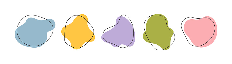 Set of colorful amoeba organic graphic elements irregular shapes with line. Isolated on a white background. Doodle illustration concept