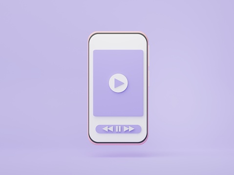 3d render minimal smartphone with audio player button bar on pastel background. Media music icon for control. Video music concept.