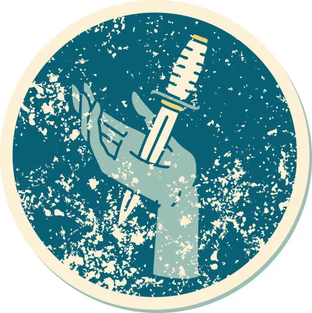 Vector illustration of iconic distressed sticker tattoo style image of a dagger in the hand