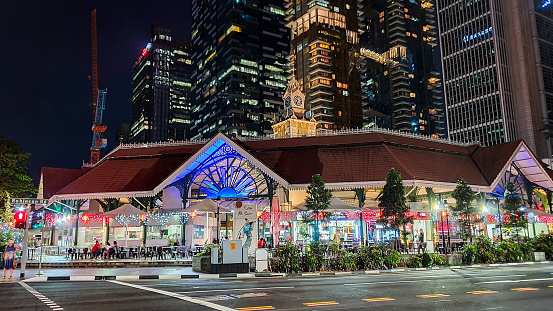 Downtown, Singapore - February 8, 2020 : Former Telok Ayer Market (Now Known As Lau Pa Sat) At Night In Downtown Area Of Singapore. Telok Ayer Market Is One Of Singapore's Most Famous Hawker Centres.
