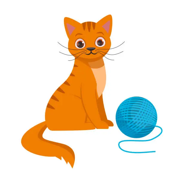 Vector illustration of Cute vector ginger cat sits next to a blue ball of thread.