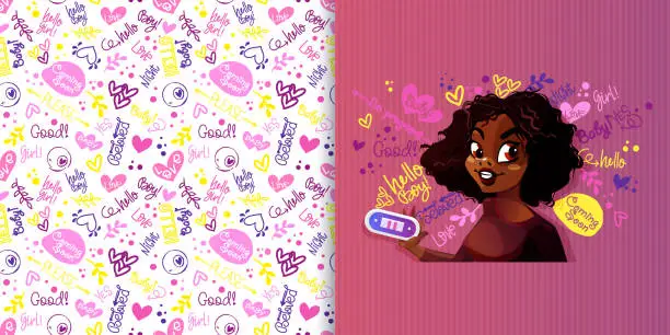 Vector illustration of Pregnancy concept coming soon in cartoon style. A creative set of greeting cards with a young african american woman with a positive pregnancy test and a seamless background with congratulations.