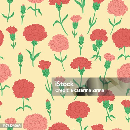 istock Seamless pattern with pink and red carnation flowers. Vector graphics. 1476124064