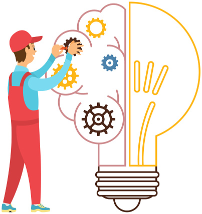 Man creates new idea. Light bulb with gears vector illustration. Creation of optimal solution, development of creative thinking. Mental mindset, imagination concept. Person creates abstract figure