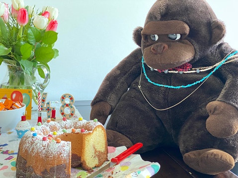 A stuffed animal gorilla in front of a birthday cake