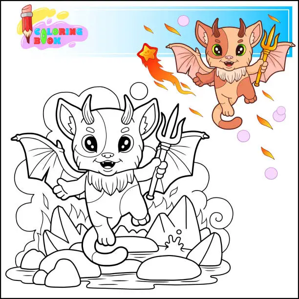 Vector illustration of cartoon cat demon coloring book