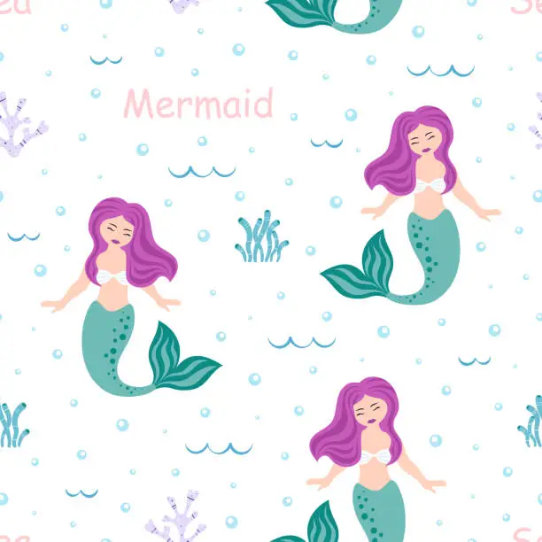 Vector illustration of cartoon seamless pattern with mermaid, vector illustration