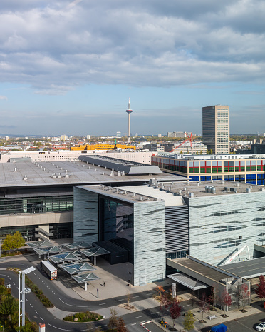 Messe Frankfurt. Aerial view to Portalhaus, Halle 11, and Europaturm