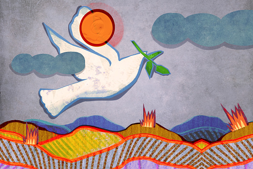 Illustration white dove of peace bringing a branch of olive tree