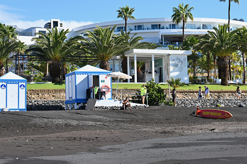 Las Américas, Tenerife, Spain, February 11, 2023 - Lifeguard tower / lifeguard hut at Las Américas beach / Playa de Fañabé, Adeje, Santa Cruz de Tenerife province.