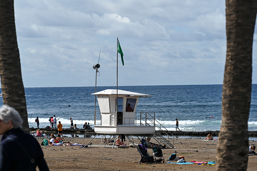 Las Américas, Tenerife, Spain, February 10, 2023 - Lifeguard tower / lifeguard hut at Las Américas beach / Playa de Fañabé, Adeje, Santa Cruz de Tenerife province.