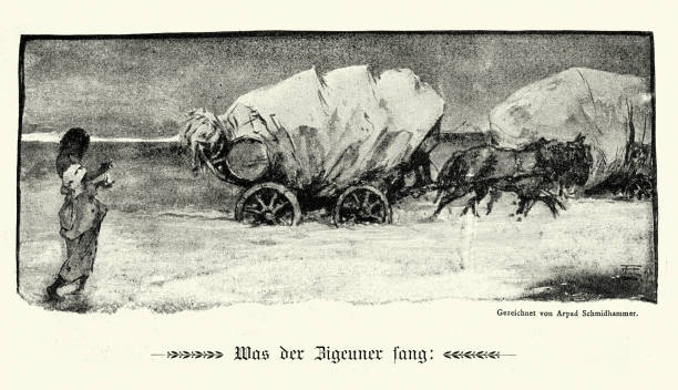 Covered wagon pulled by horses through the snow, Jugendstil Art Nouveau, 19th Century art Vintage illustration of Covered wagon pulled by horses through the snow, Jugendstil Art Nouveau, 19th Century art covered wagon horse cart snow winter stock illustrations