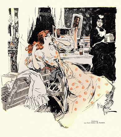 Vintage illustration of Wealth society beauty in a luxury hotel room, maid, Victorian, Jugendstil Art Nouveau, 19th Century art