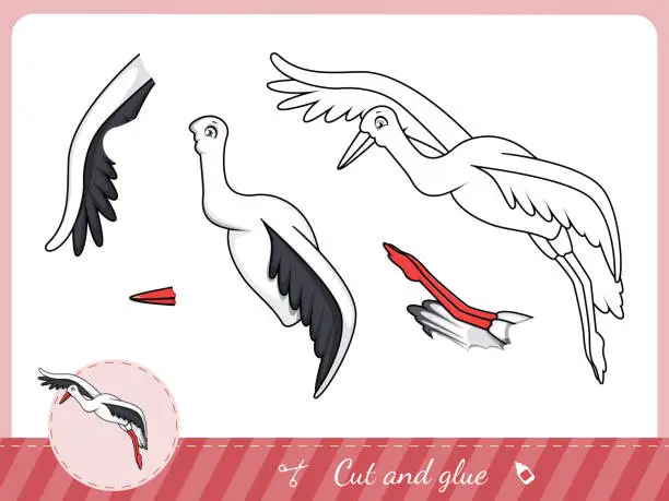 Vector illustration of Cut and glue a cartoon stork