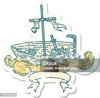 istock worn old sticker of a tattoo style empty boat with skull 1476142342