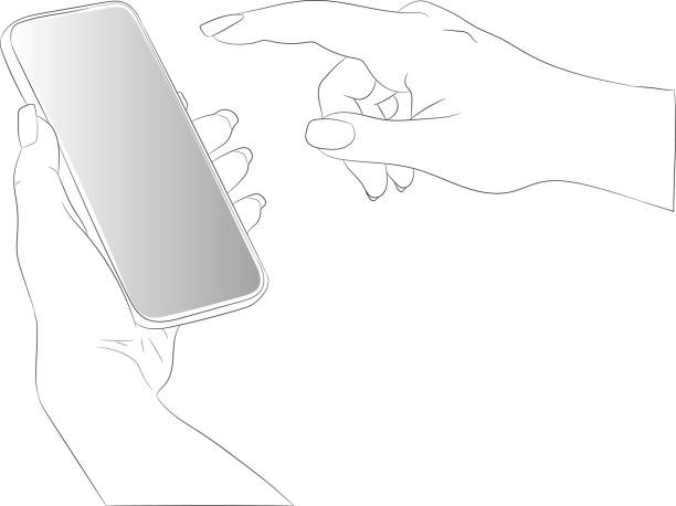 ilustrações de stock, clip art, desenhos animados e ícones de the hand holds a mobile phone, the second hand presses the smartphone screen, sending a message, internet surfing, online shopping. vector graphics - mobile phone internet business surfing