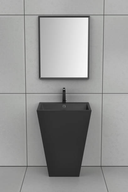 lavabo a piedistallo nero con rubinetto e specchio - sink bathroom pedestal tile foto e immagini stock