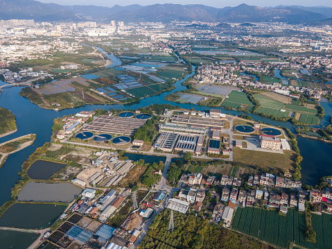 Aerial View of Modern Sewage Treatment Plant