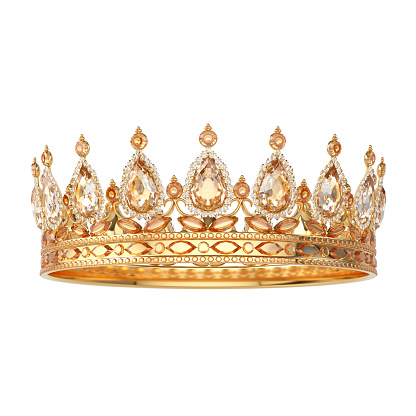 Golden crown with diamonds isolated on white background with victory or success concept. 3D rendering.