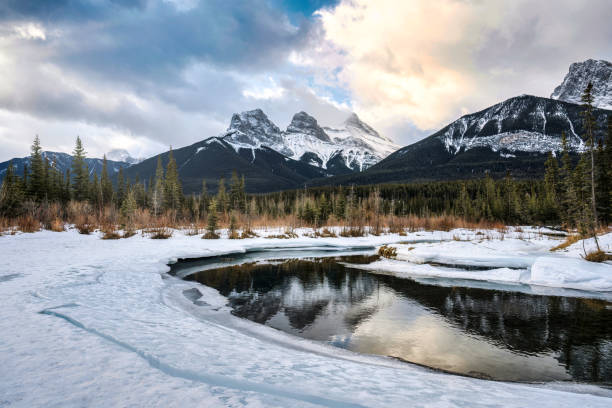 istock Three Sisters Mountains with snow covered on frozen bow river reflection in the morning on winter 1476153682
