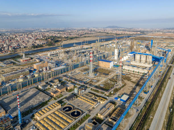 Aerial view of chemical plant site Aerial view of chemical plant site oilsands stock pictures, royalty-free photos & images