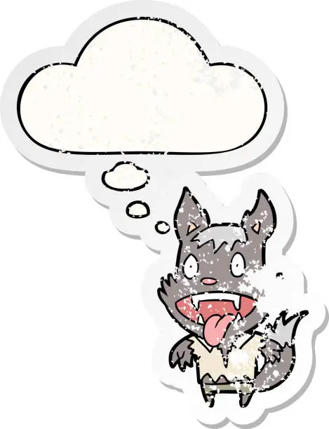 Vector illustration of cartoon werewolf with thought bubble as a distressed worn sticker