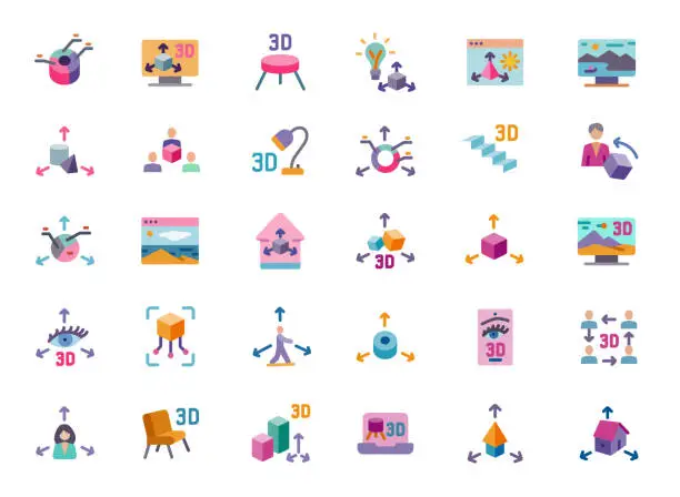 Vector illustration of 3D Modeling Flat Icons Set