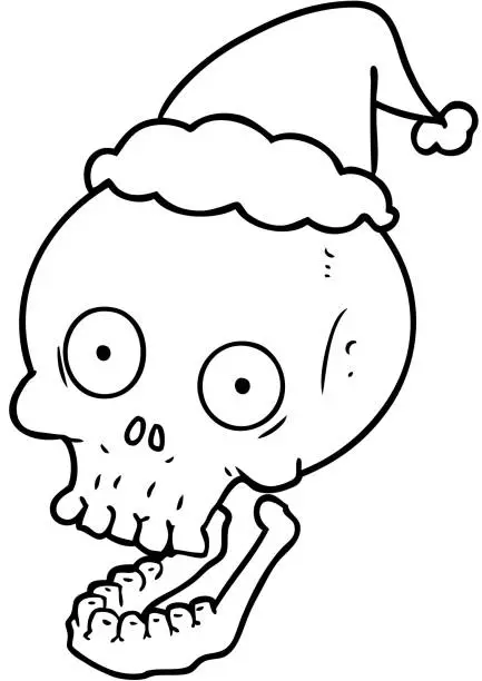 Vector illustration of hand drawn line drawing of a skull wearing santa hat