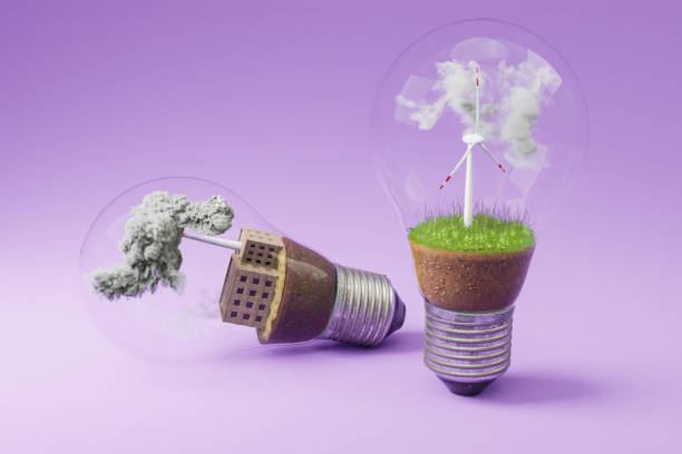istock lightbulbs with minature wind turbine and coal-fired power station  inside; green soil and clouds; pollution and smoke; renewable clean energy concept; infinite background; 3D Illustration 1476156940