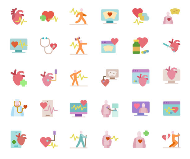 ilustraciones, imágenes clip art, dibujos animados e iconos de stock de cardiología, conjunto de iconos planos de salud cardíaca - pain heart attack heart shape healthcare and medicine