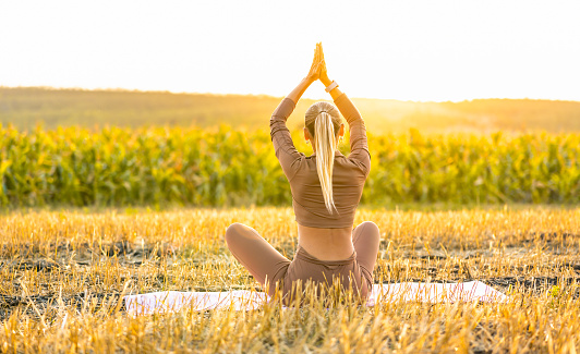 Young woman practicing yoga in the nature. Female happiness. Landscape background. High quality photo