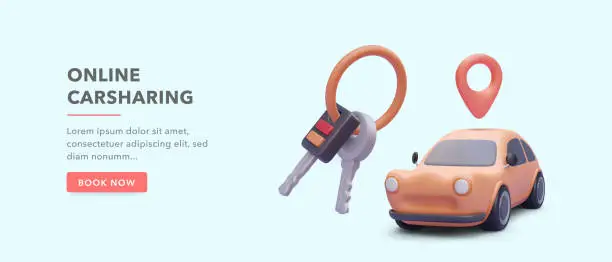 Vector illustration of Concept banner for online car-sharing service with 3d realistic car, keys. Vector illustration