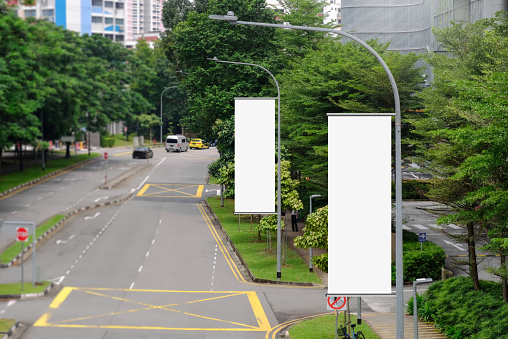 Hanging posters by the road in the city; blank vertical advertising banners on street lampposts, against lush green trees and plants. For OOH out of home template mock up.